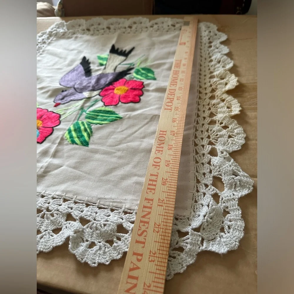 Embroidered Bird & Floral Lace Doily ⚠️ Stains 24 x 21 Large Piece